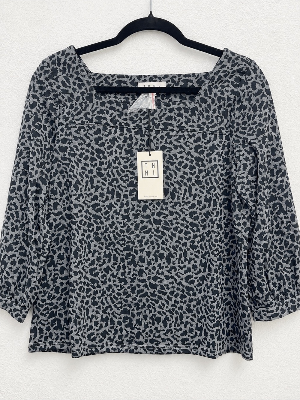 THML Black & Gray Leopard Square Neck Long Sleeve Top